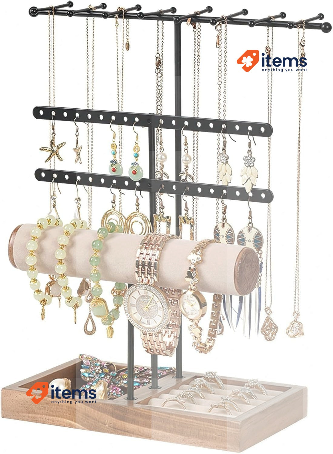 Rubessia Jewellery Stand, Jewellery Organiser with Ring Base Holder 38 Holes