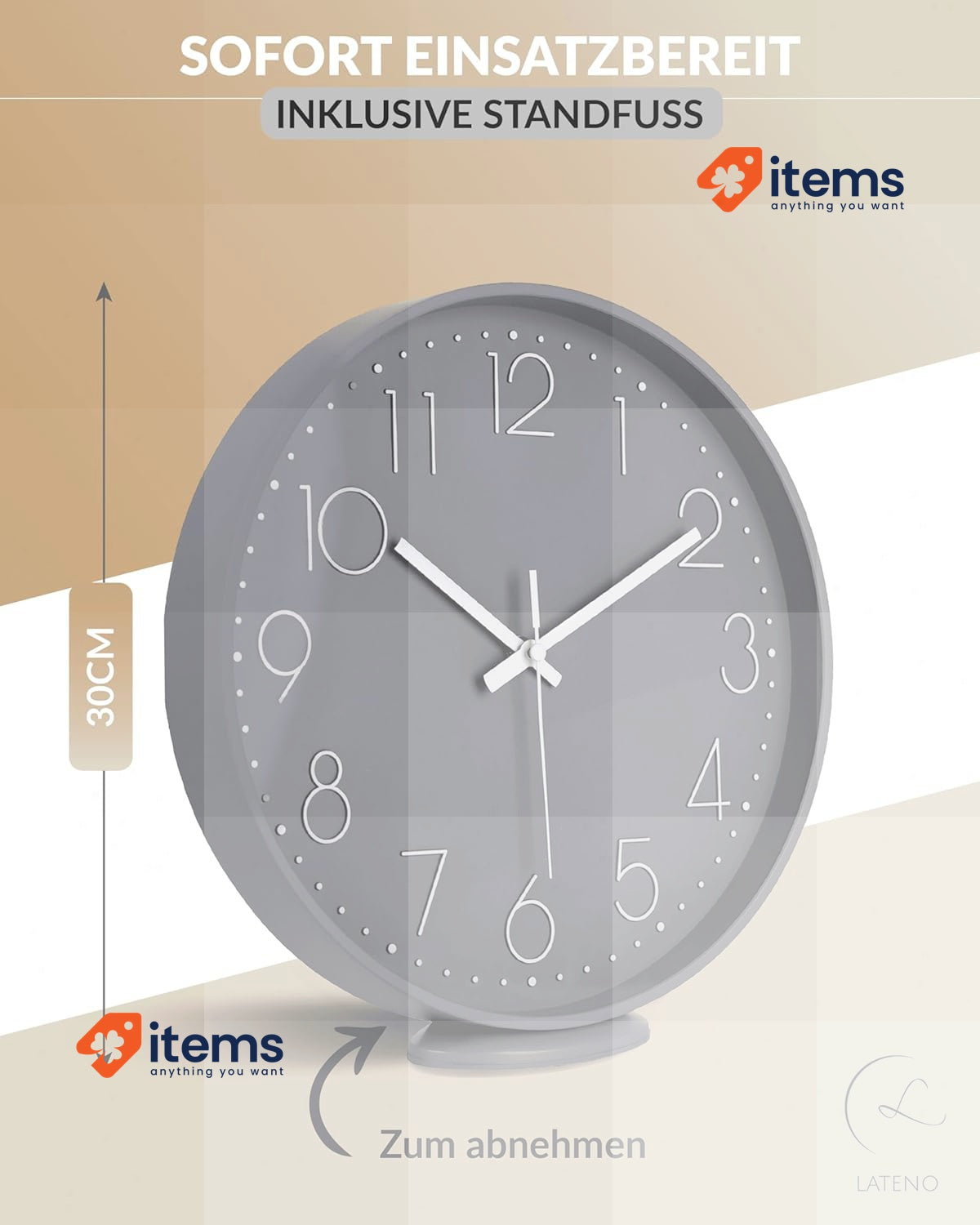 LATENO - Wall Clock For Standing Or Hanging Grey 30 Cm Silent Classic Modern No