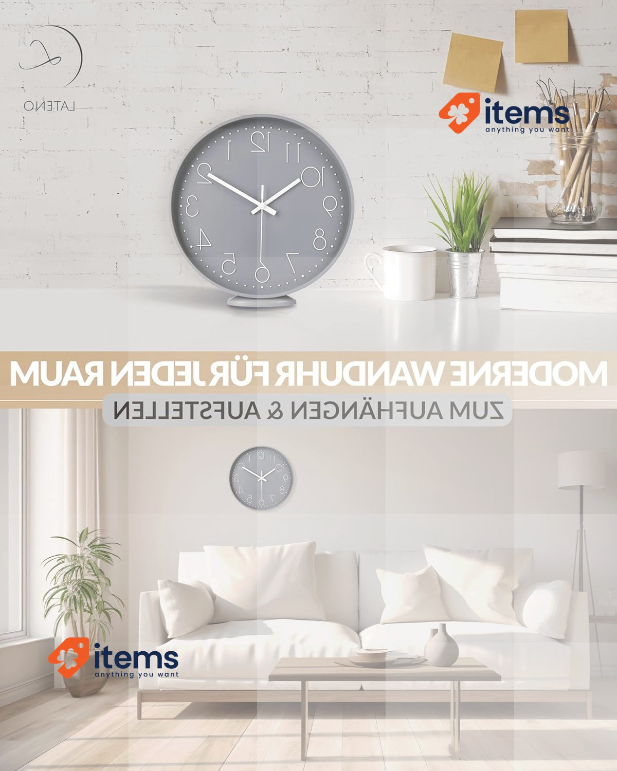 LATENO - Wall Clock For Standing Or Hanging Grey 30 Cm Silent Classic Modern No