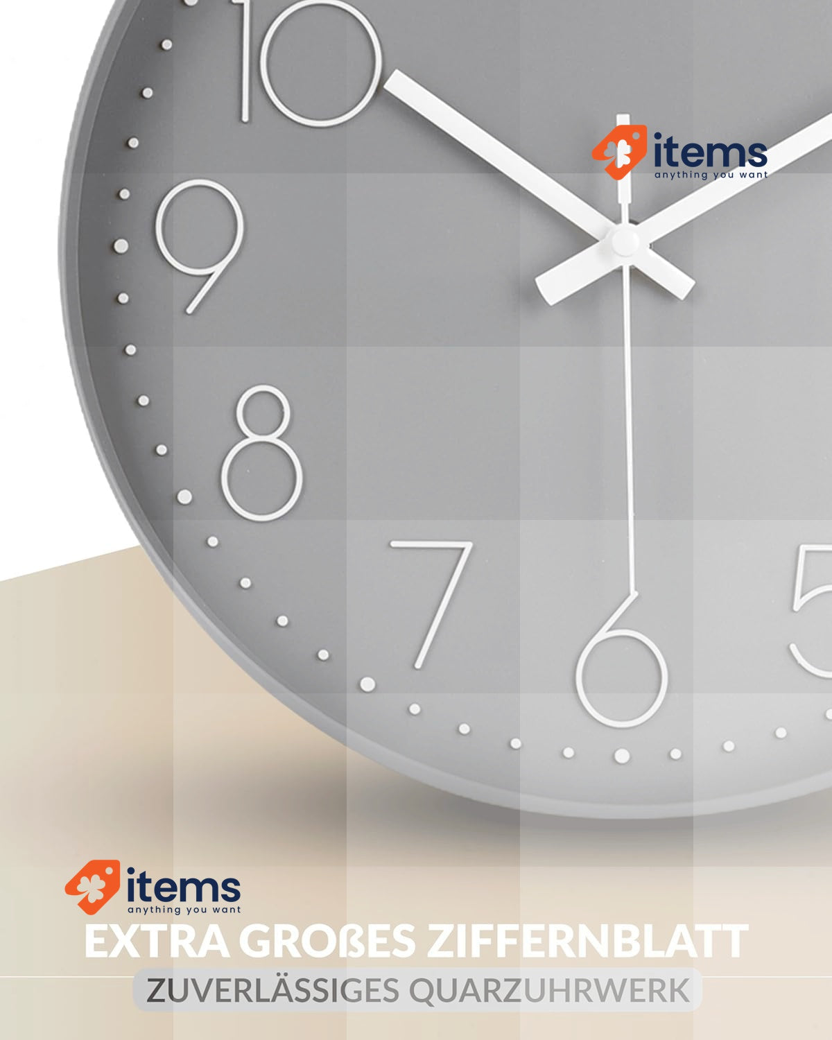 LATENO - Wall Clock For Standing Or Hanging Grey 30 Cm Silent Classic Modern No