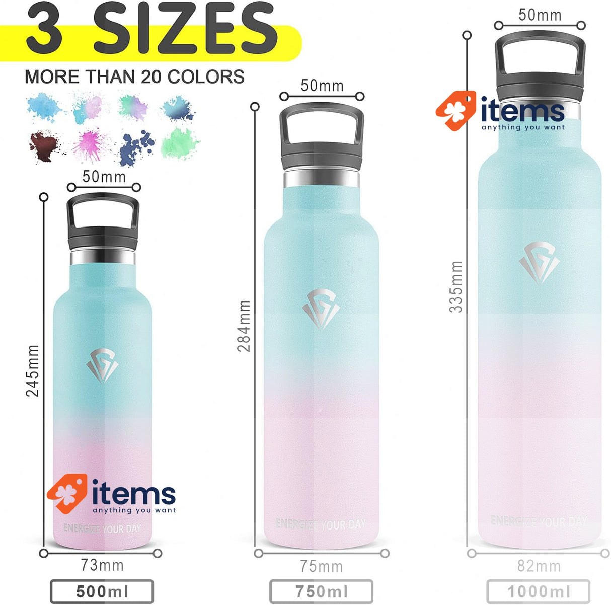 Grsta Drinking Sports Water Bottle Stainless Steel Leak-Proof, Blue and Pink 1L
