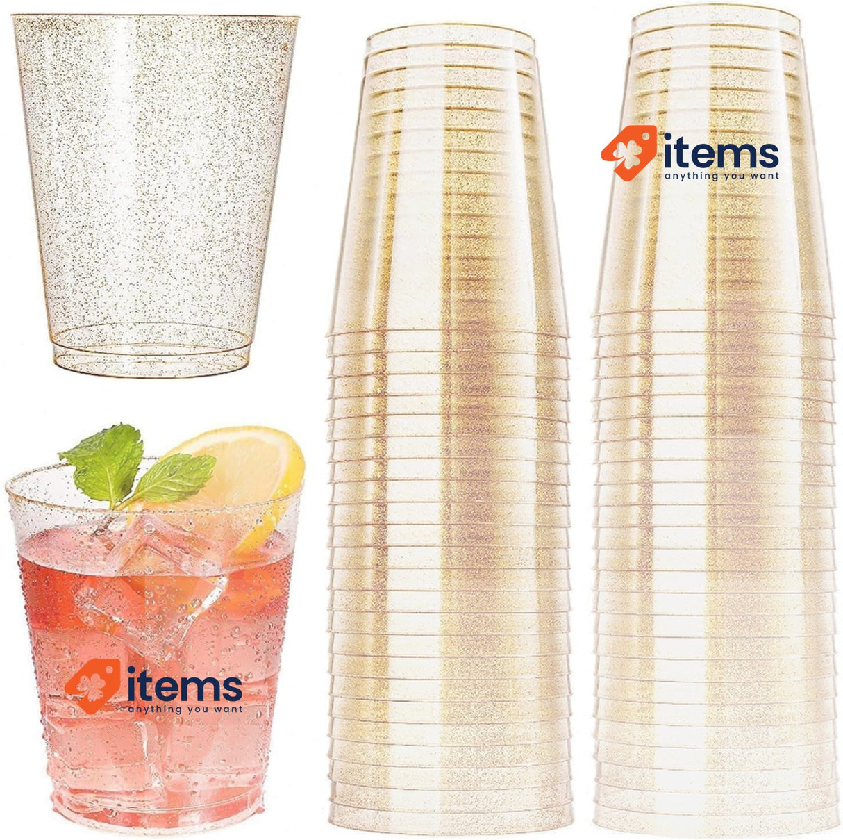 Ricofot Reusable Plastic Party Cups 300 Ml - Pack Of 50, Gold Glitter 300ML
