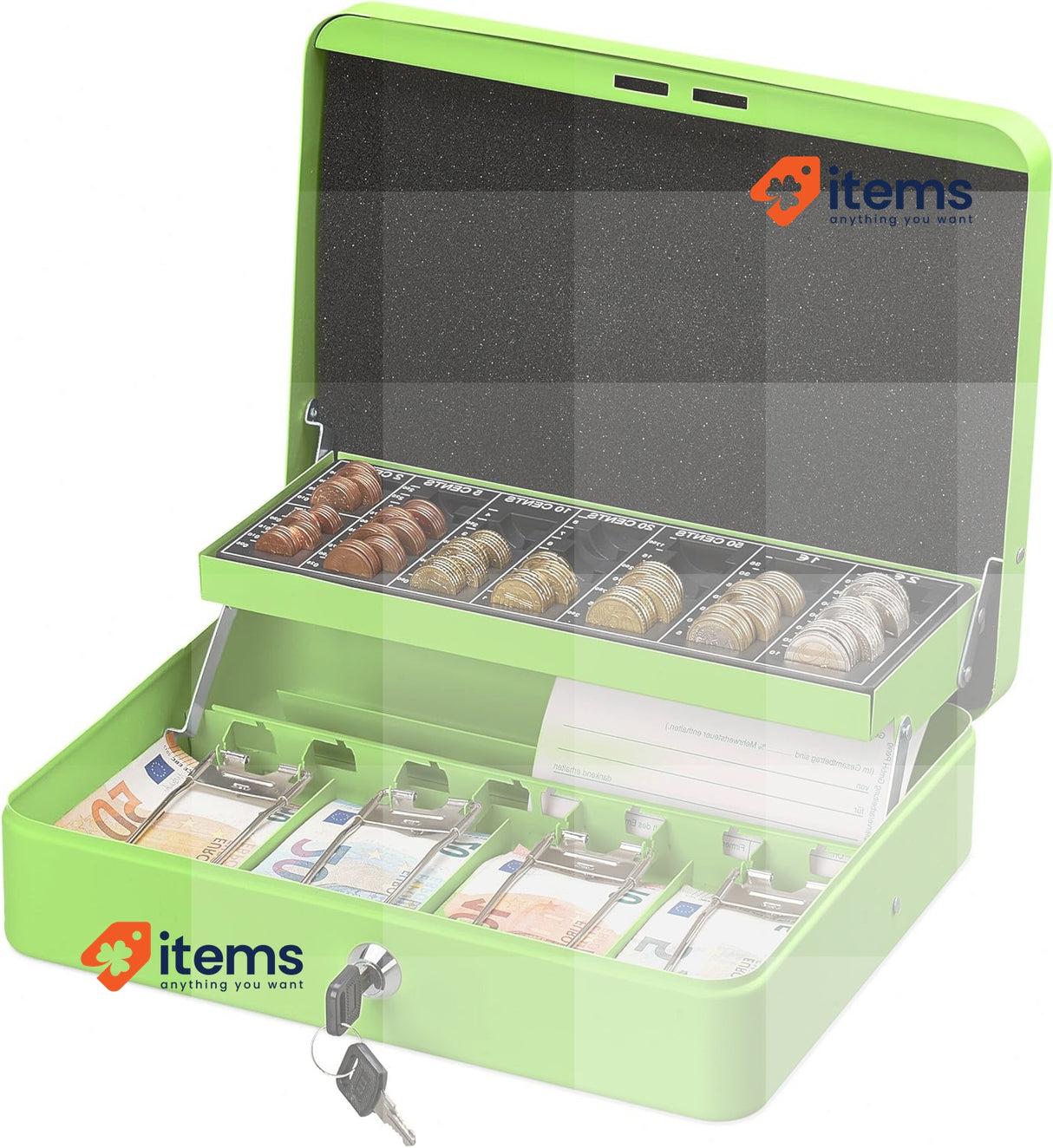 Relaxdays Lockable Cash Box, Coin Tray and 4 Bill Compartments, Iron Case Green