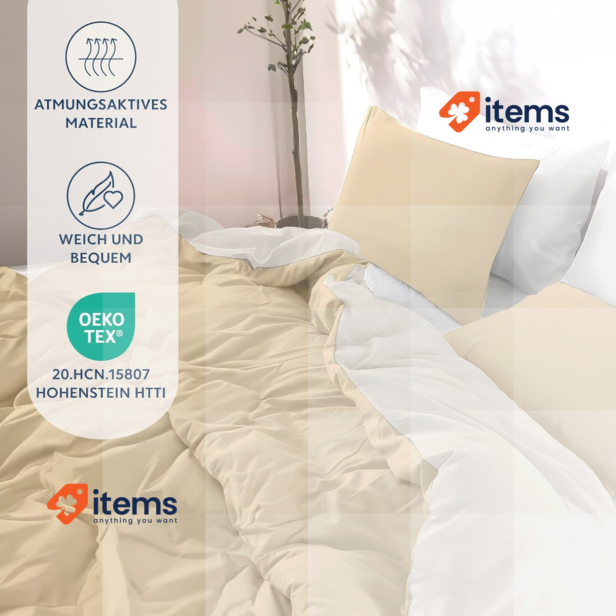 Dreamzie Bed Linen Set 155 x 220 cm with 2 Pillowcases 80 x 80 cm Beige/Sand