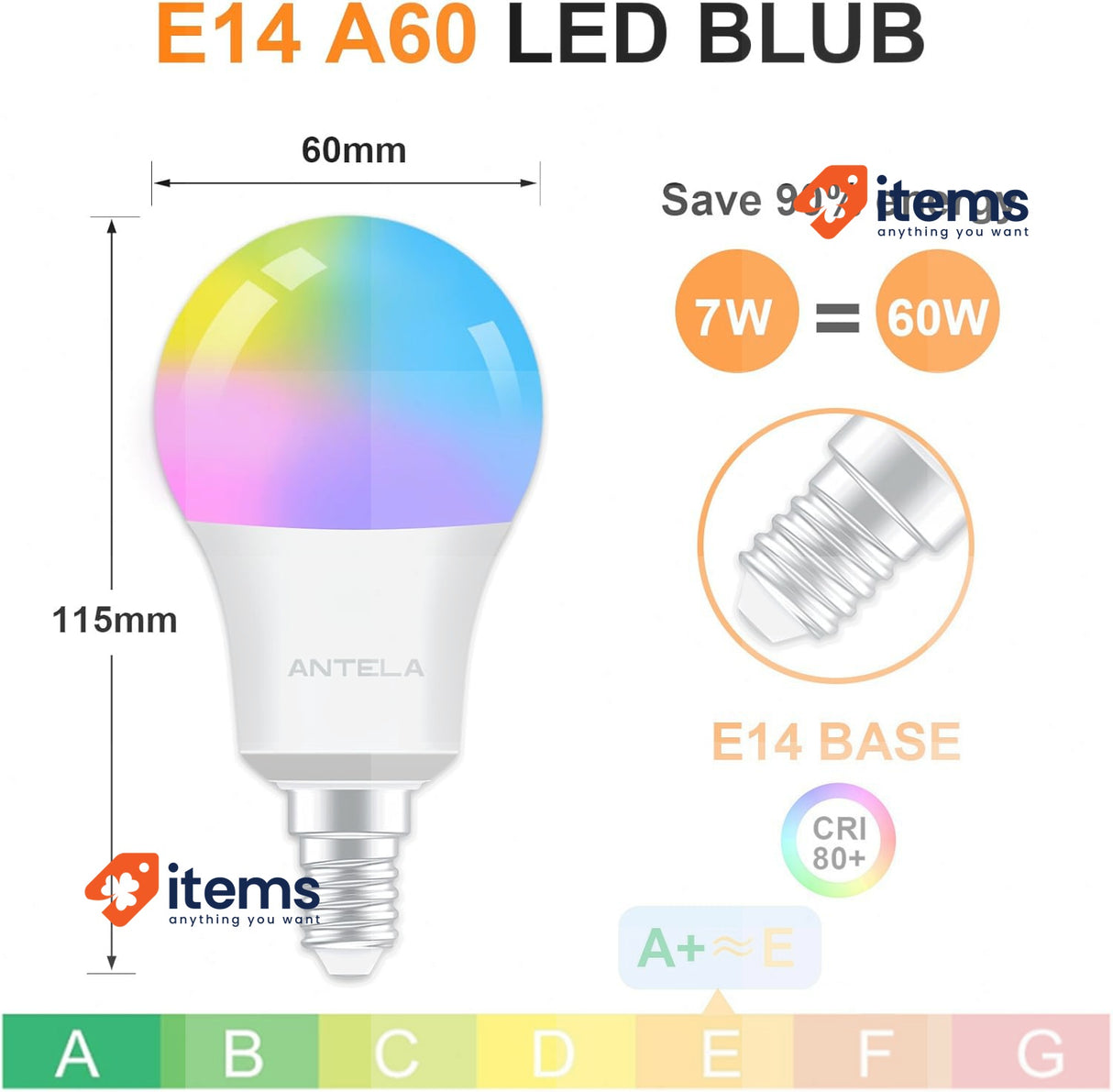 ANTELA Smart Bulb E14 Alexa Light A60 8W 806LM LED RGB Dimmable Bulb, 4PCS 7W
