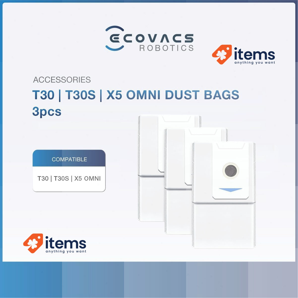 ECOVACS 3 Pack Antibacterial Dust Bags For DEEBOT T30 PRO OMNI / Robot Vacuum