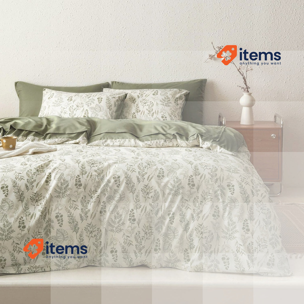 Sedefen Bed Green Olive White Leaves Set With Pillowcases 200x200 80x80cm