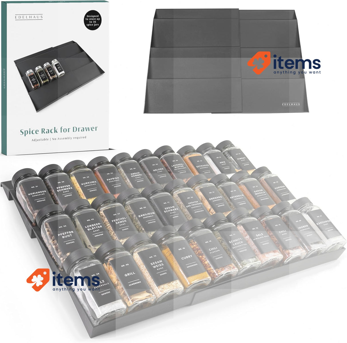 EDELHAUS Spice Drawer Organizer - Expandable Spice Rack for Drawer Black