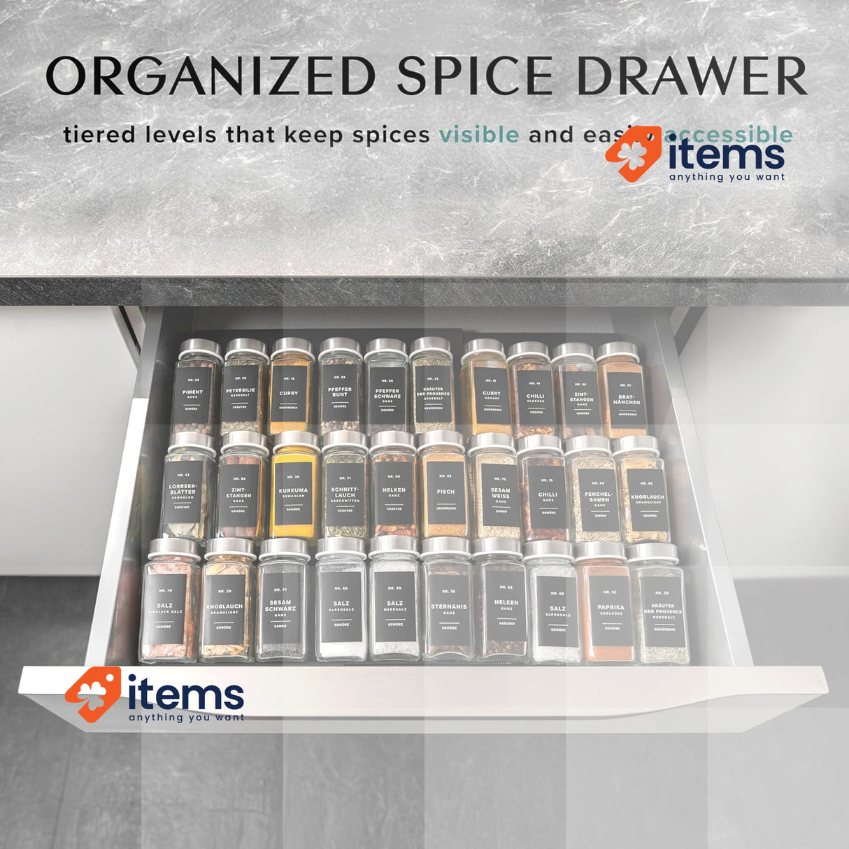 EDELHAUS Spice Drawer Organizer - Expandable Rack For Black Seasoning Cabinet