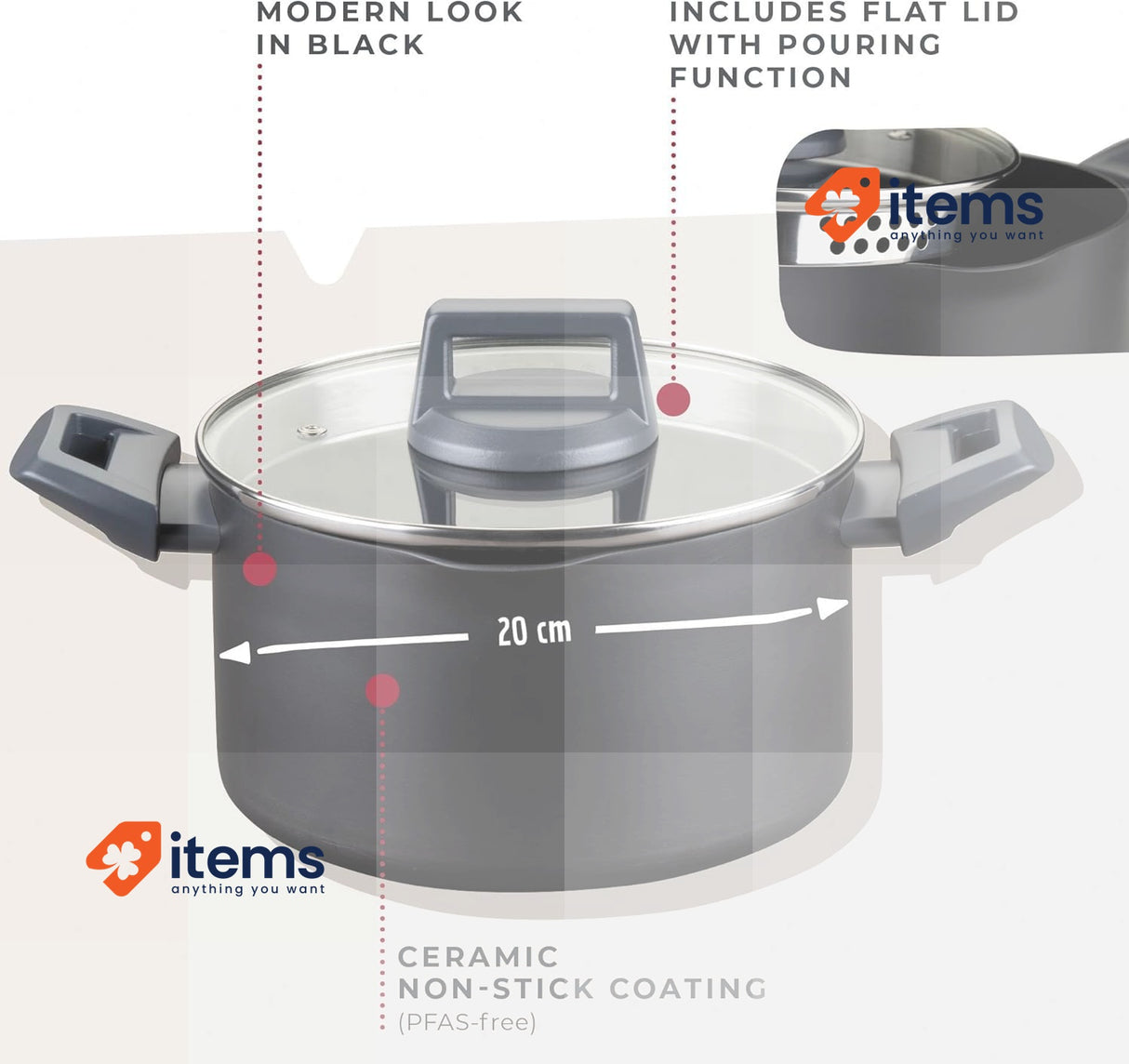 Fackelmann STATEMENT ⌀20cm Cooking Pot, Recycled Aluminium Ash Grey - 20 CM 5cm