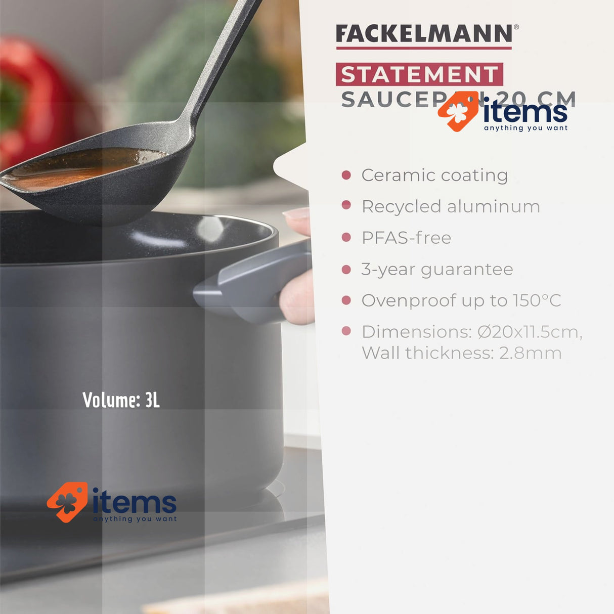 Fackelmann STATEMENT ⌀20cm Cooking Pot, Recycled Aluminium Ash Grey - 20 CM 5cm