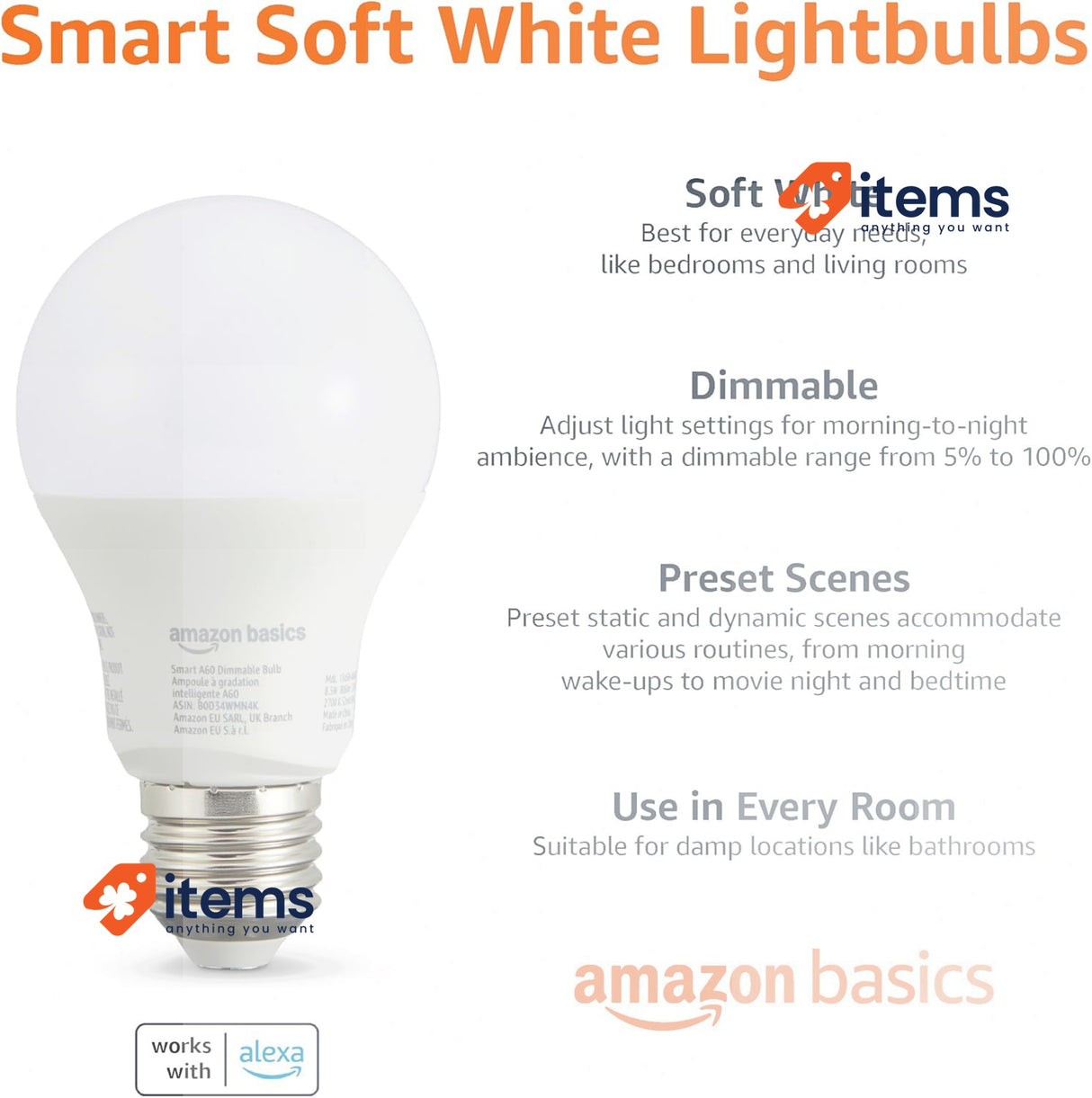 Amazon Basics Smart A60 Dimmable LED Light E27 Base, Soft White, 2.4GHz WiFi