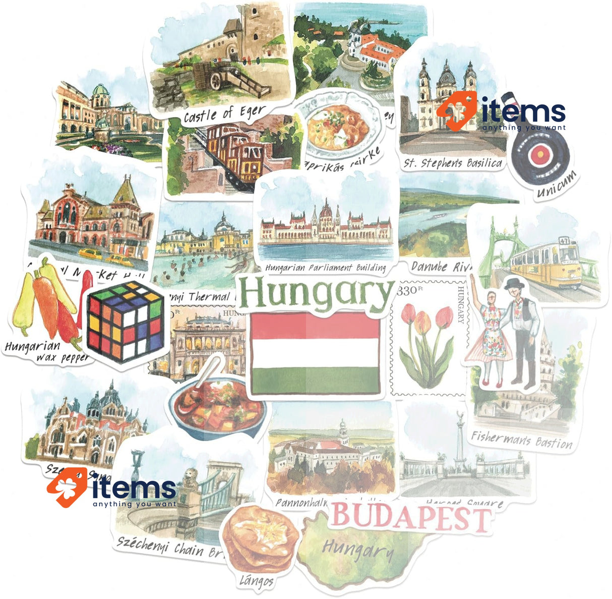 Navy Peony Harmonious Hungary Travel Stickers 28pcs - Pack Of 28 Set Watercolor