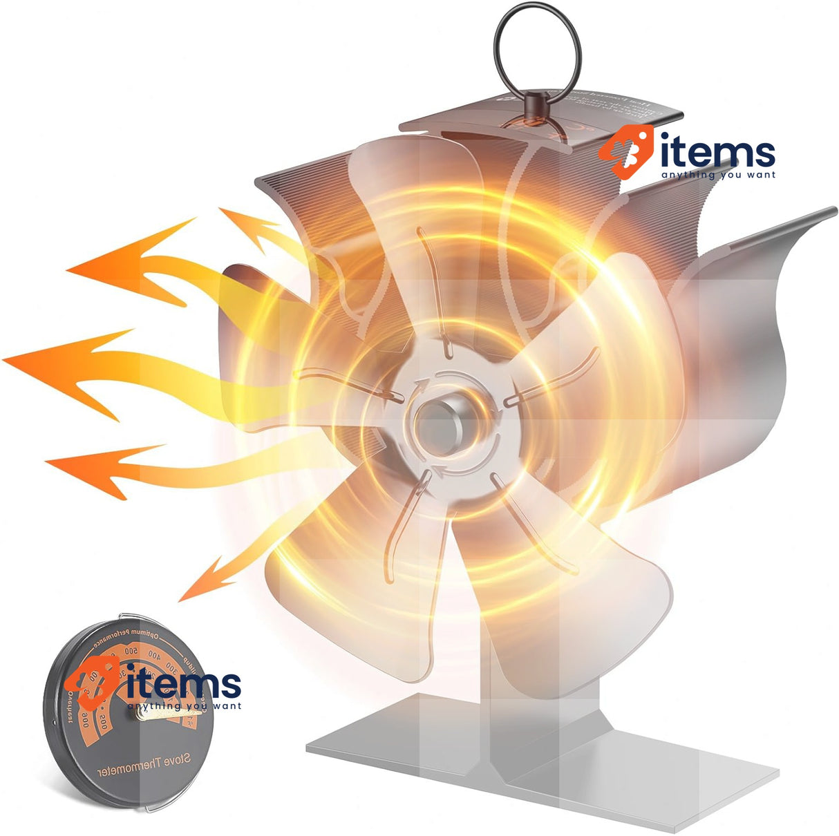 Viitech 2024 Log Stove Fan - Silent 5-Blade Wood Burner Fan with Thermometer