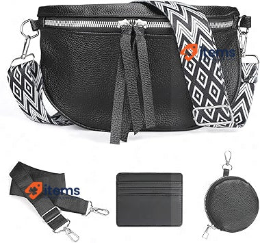 Kiiwah Women's Elegant Leather Waist / Shoulder Bag in Black w/3 Accessories