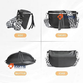 Kiiwah Women's Elegant Leather Waist / Shoulder Bag in Black w/3 Accessories