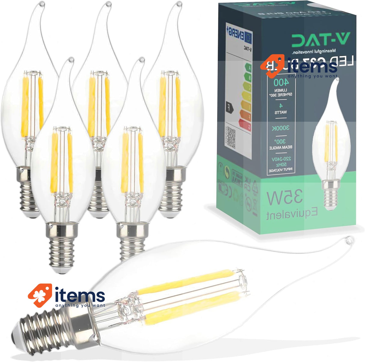 V-TAC LED 6x filament lamps with Edison E14-4W connection
