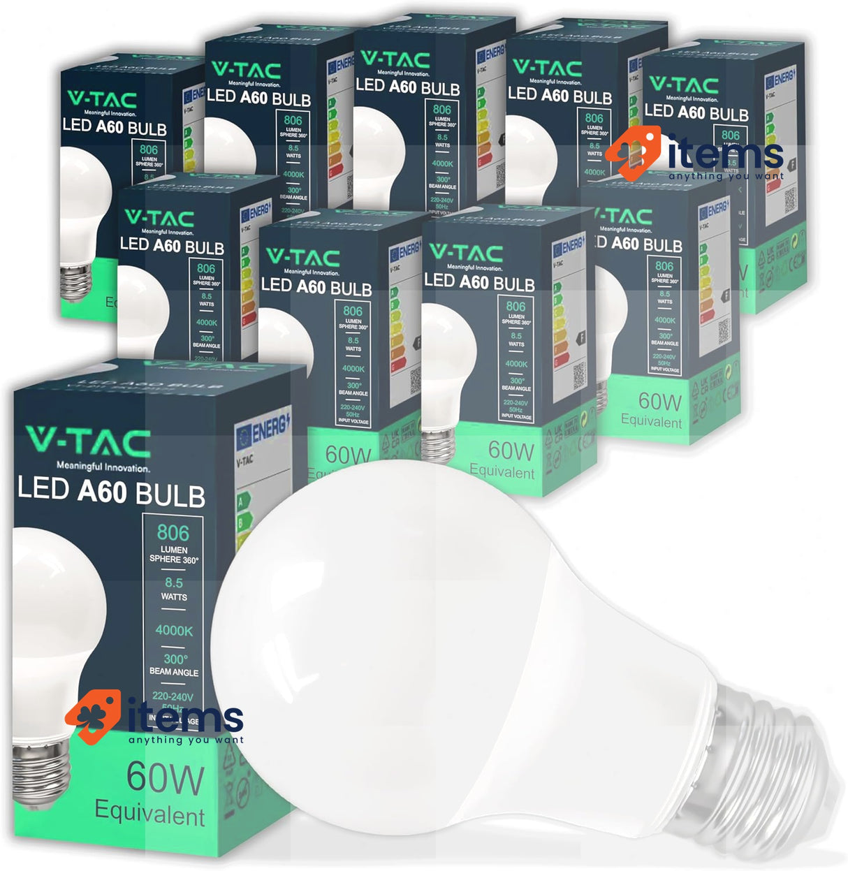 V-TAC 10x LED Light Bulb E27 8.5 W (Equivalent to 60 W) A60-806 Lumen
