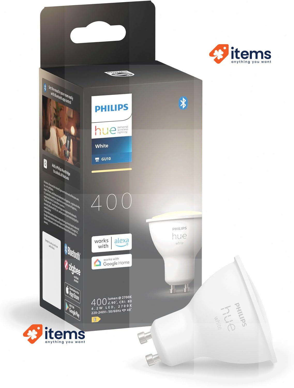 Philips Hue White, Connected Bulb GU10, Soft White Light, Bluetooth Compatible