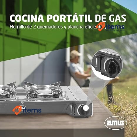Amig Camp02, Camping Gas Stove With 2 X Burners And Gril Pan, 2.2 Kw Power Iron