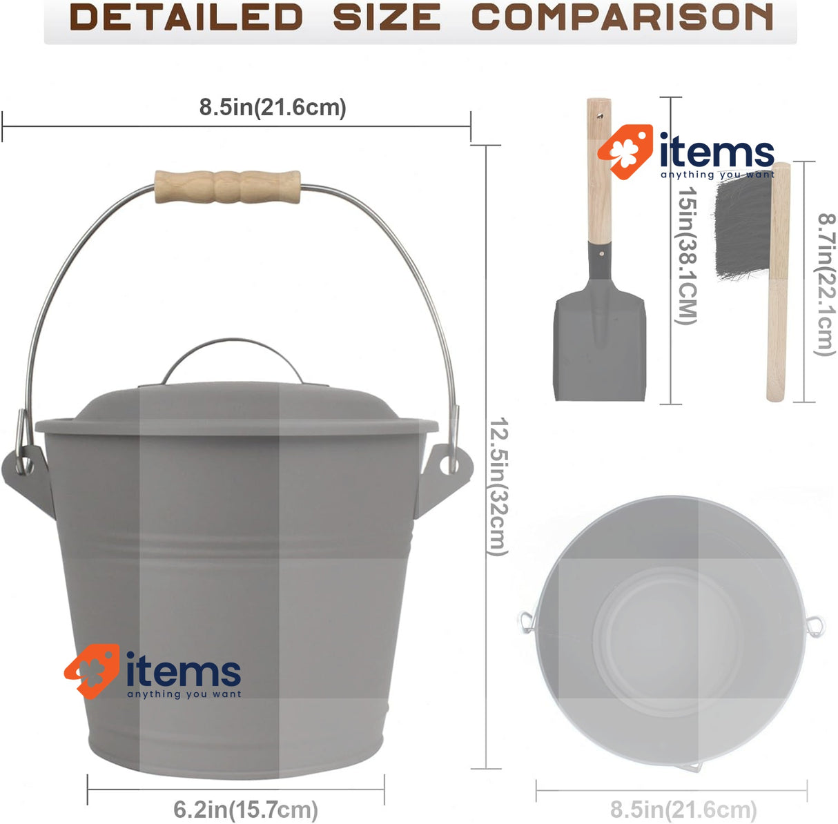 BRIAN & DANY Ash Bucket with Lid, 5L Fireplace Ash Bucket with Shovel and Broom