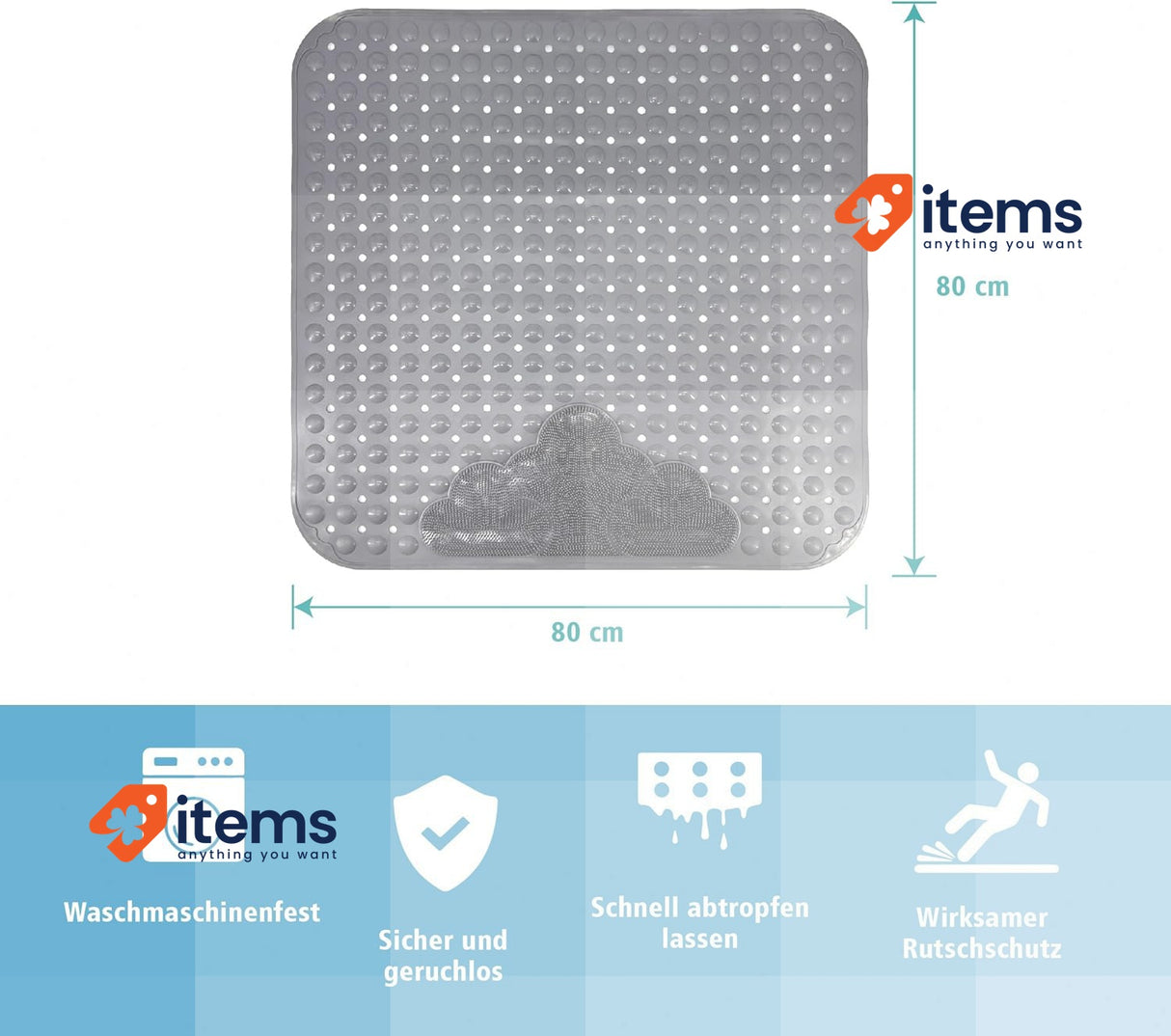 INCETUE Non - Slip Shower Mat, 80 X Cm, With Suction Cups, Grey Elders 80 cm