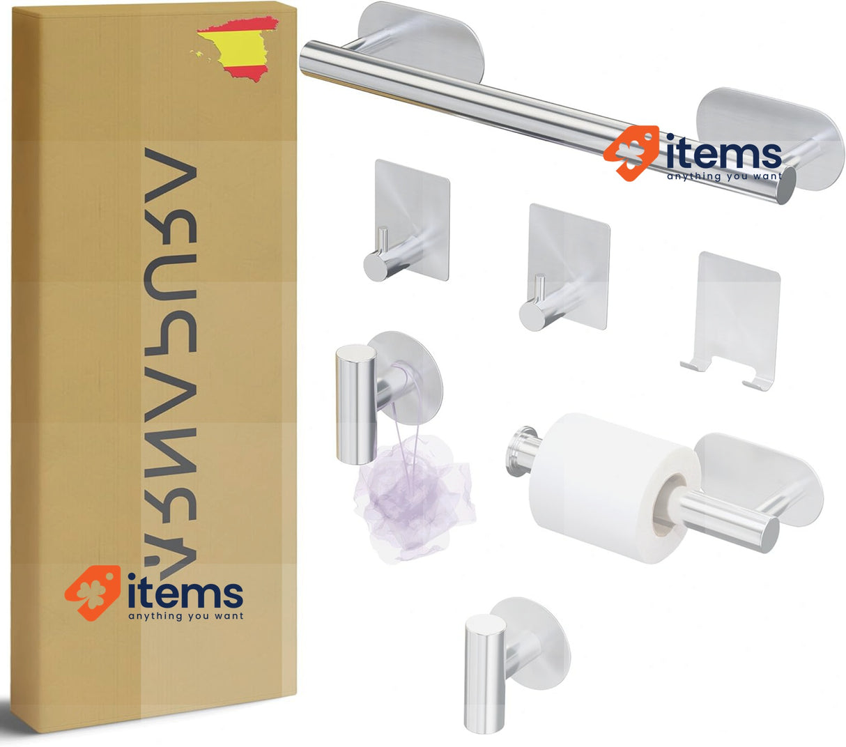 Drill-Free Bathroom Towel Racks, 304 Stainless Steel, Pack 7 Piece, Sillver Type