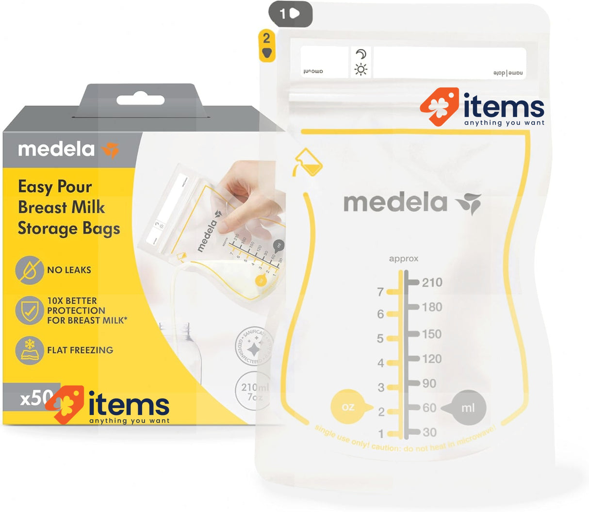 Medela Easy Pour Breastmilk Storage Bags, Disposable 210ml Pack of 50 Bags Leak