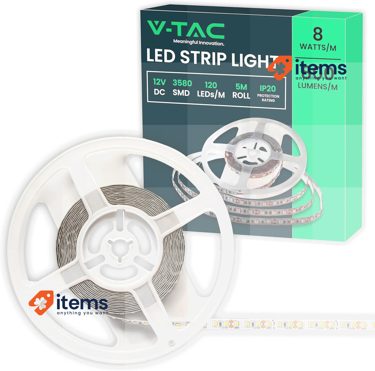 V-TAC Indoor LED Strip 8W 5 Meters Home Indoor Natural White Light 4000K 12V DC