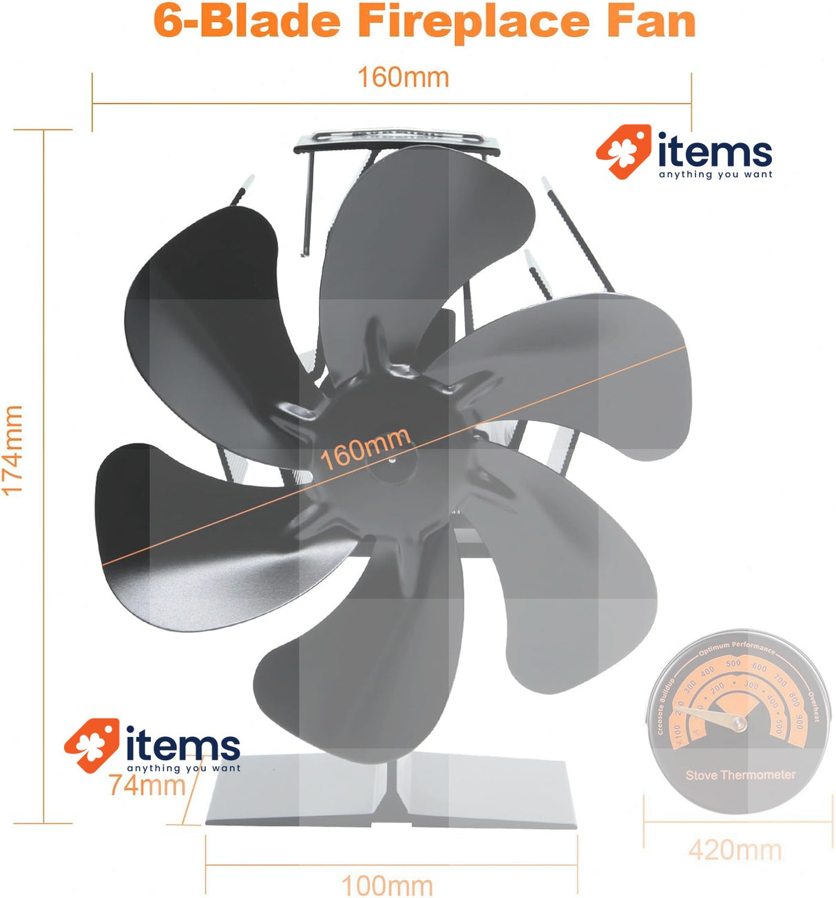 YAZIONG 6 Blade Wood Stove Fan with Thermometer, Heat Powered Fireplace Fan