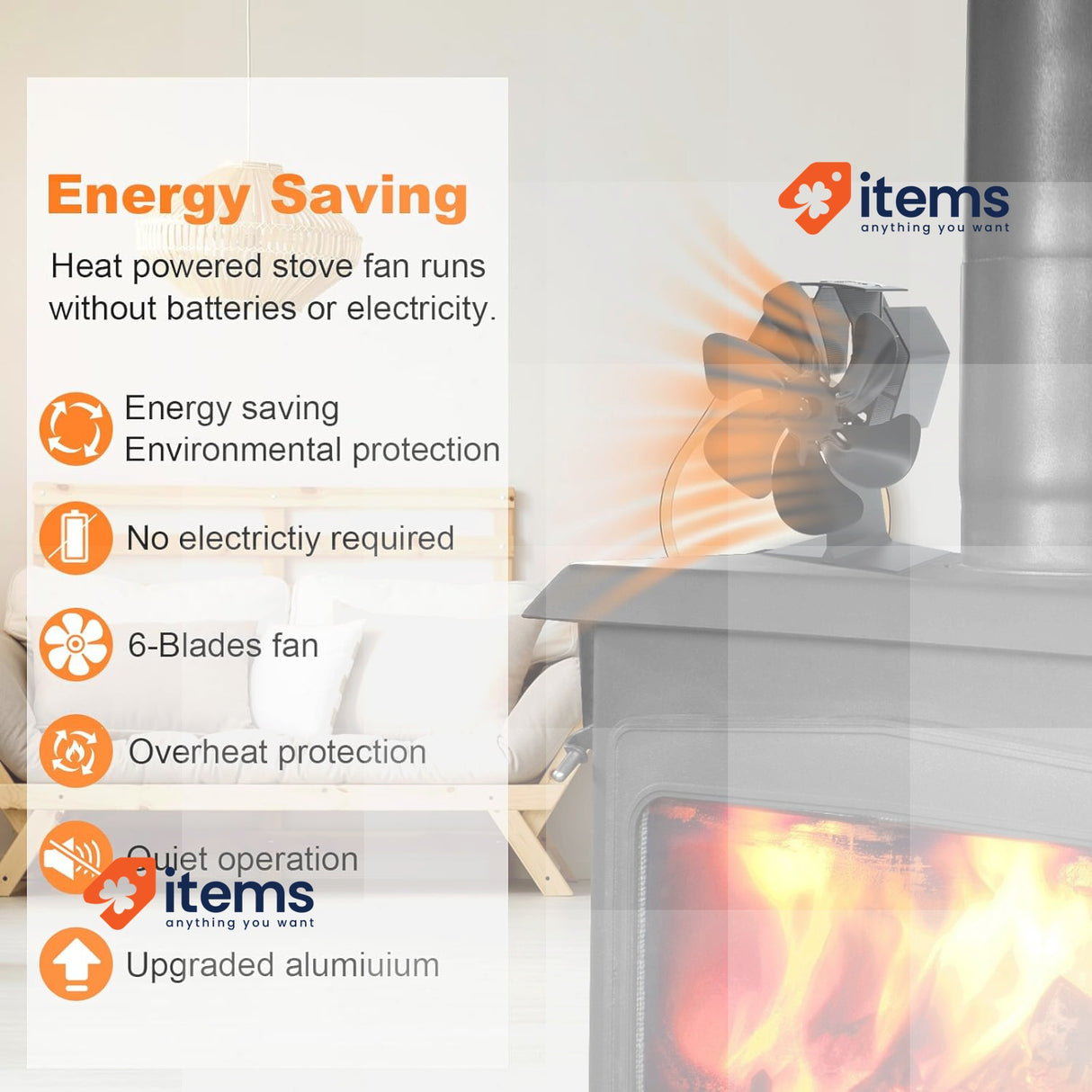 YAZIONG 6 Blade Wood Stove Fan with Thermometer, Heat Powered Fireplace Fan