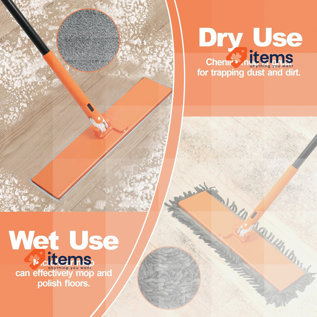 JEHONN Flat Mop Hardwood Floors Broom Duster Foldable 2Chenille 2Microfiber Pad