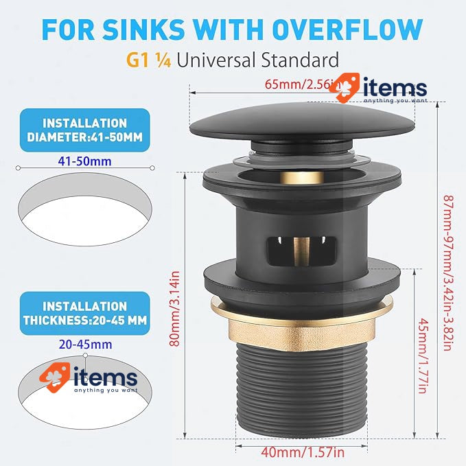 Basin Waste With Overflow - Pop Up Click Clack Valve Black Bathroom Sink Slotted