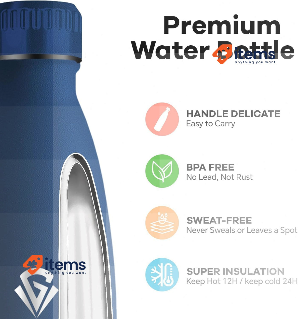 Grsta Thermos Flask Water Bottle 1 L BPA-Free Stainless Steel Leak-Proof Navy