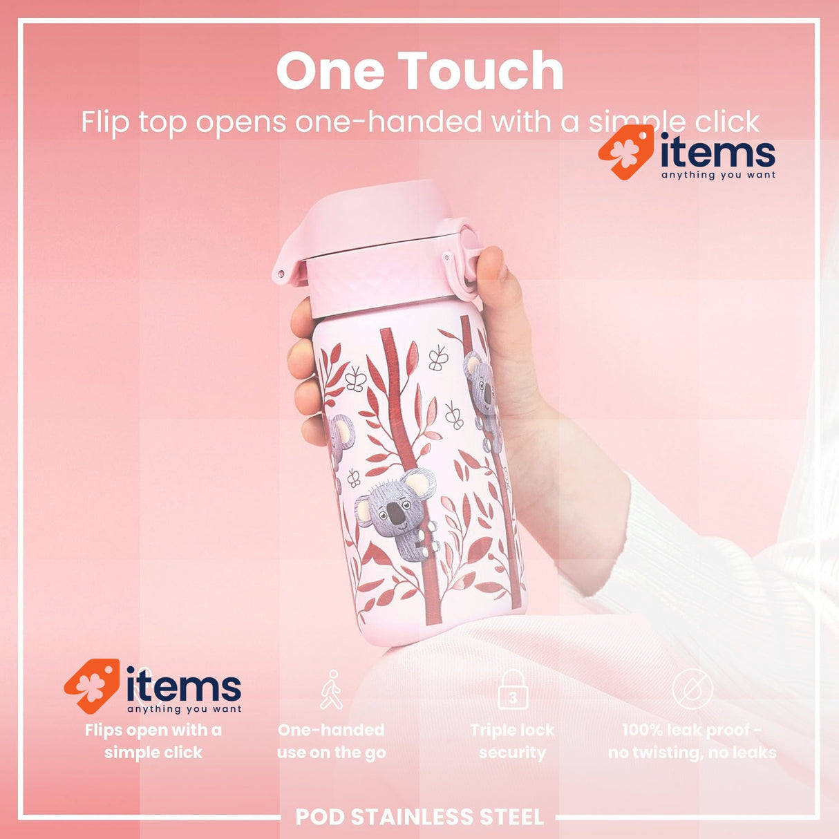 ion8 Lightweight Stainless Steel Water Bottle for Kids, 400ml, Koala design 13oz
