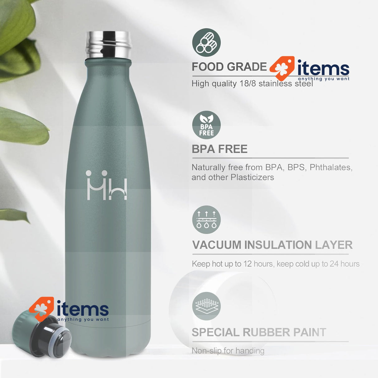 KollyKolla Insulated Water Bottle BPA Free 18/8 Stainless Steel Green Olive 500