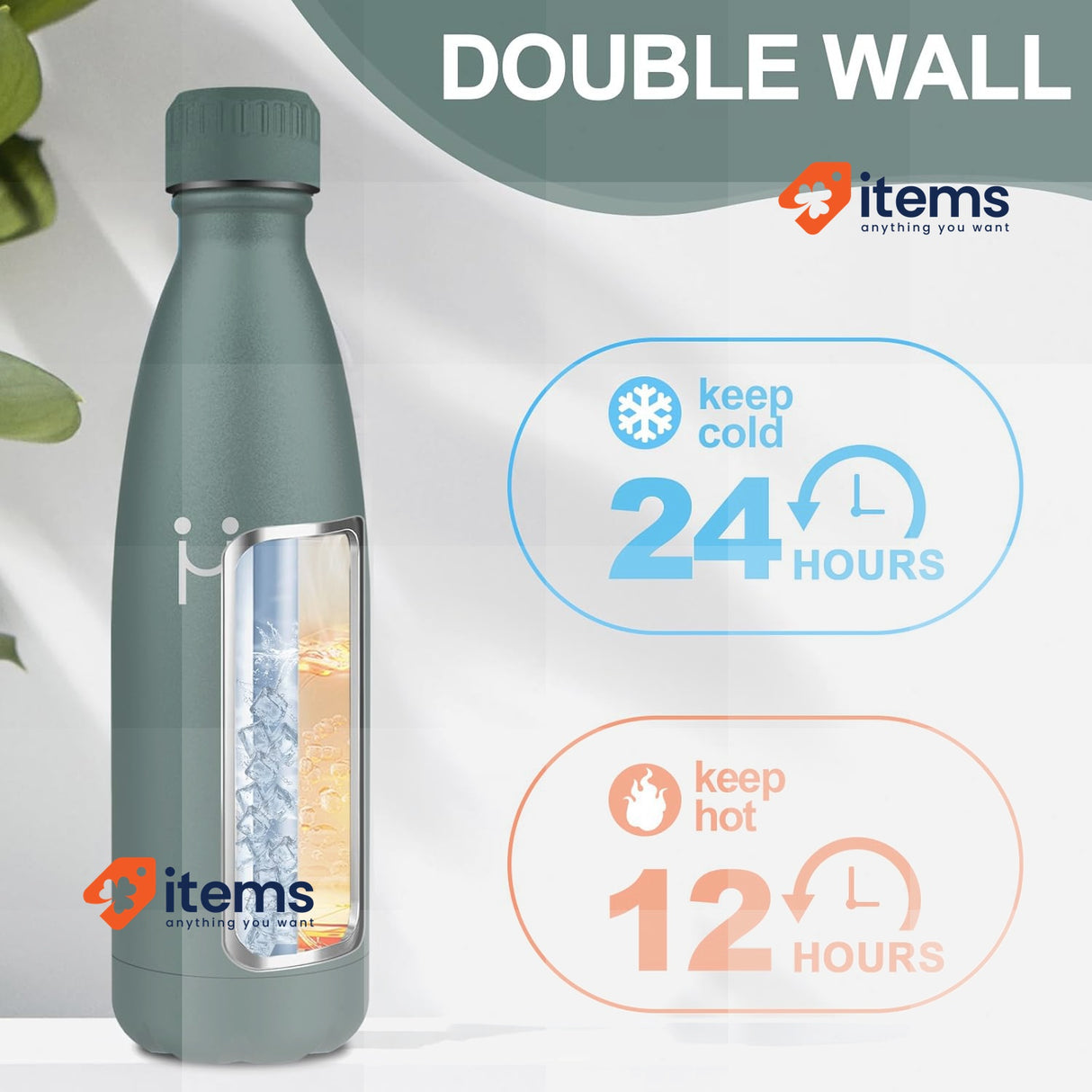 KollyKolla Insulated Water Bottle BPA Free 18/8 Stainless Steel Green Olive 500
