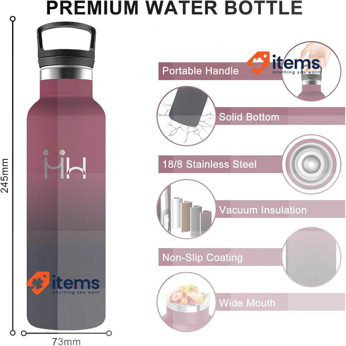 Grsta 500ml Insulated Water Bottle, Kids Bottle, BPA Free Water Bottle