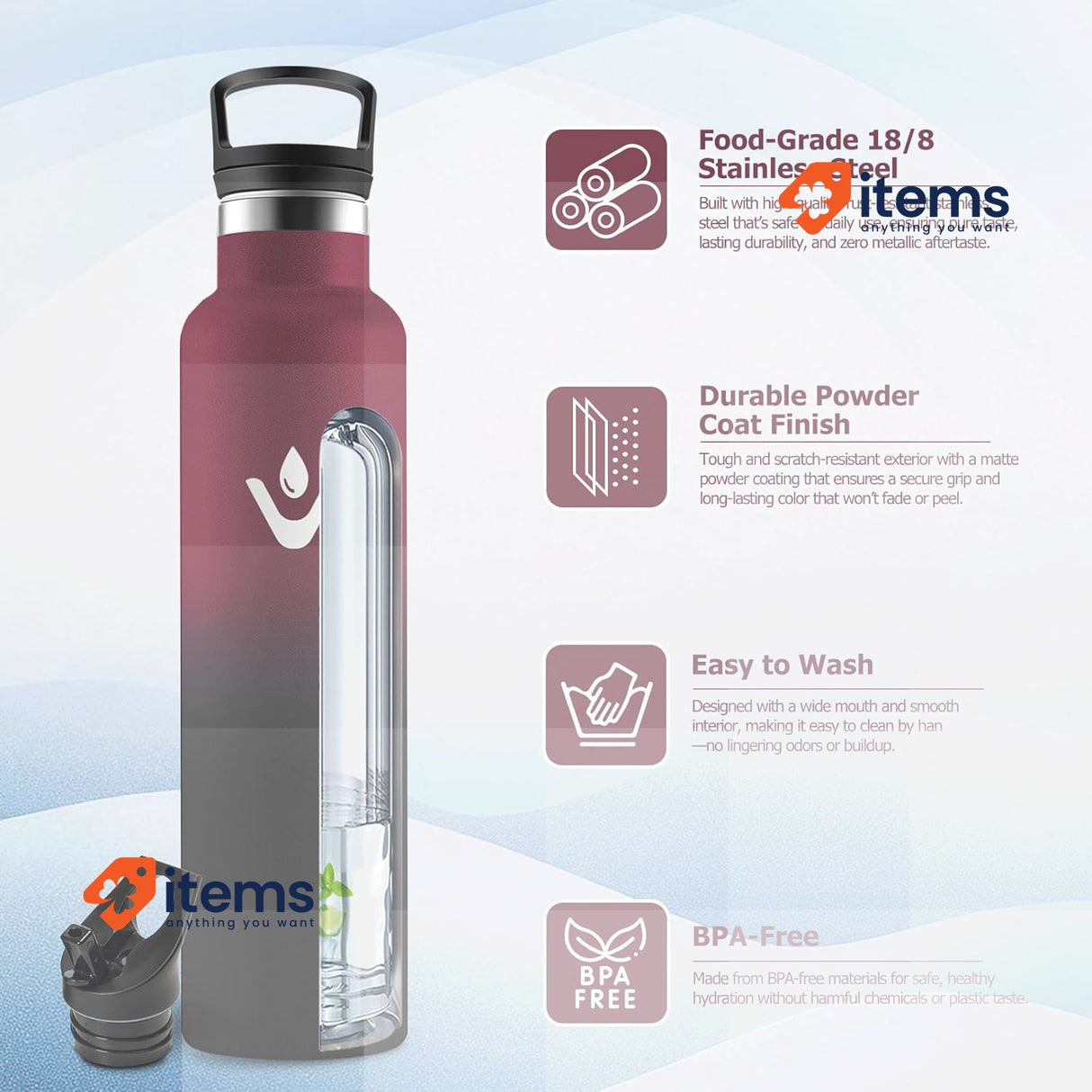 KollyKolla Stainless Steel Water Bottle 1 L Thermos Flask with Straw 1 Litre