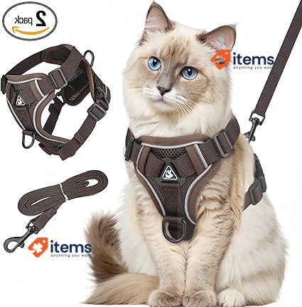 GlasFlength Cat Harness with Lead Cat Lead with Reflective Stripes (Coffee-S)