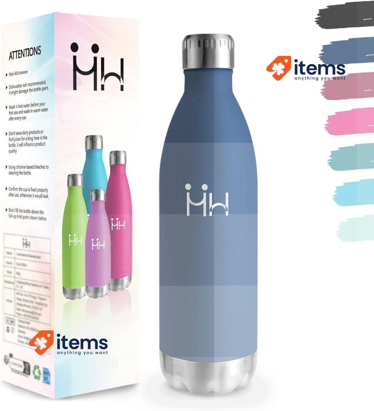 Gourde Water Bottle 1000 ml BPA-Free, Stainless Steel Water Bottle, Dark Blue