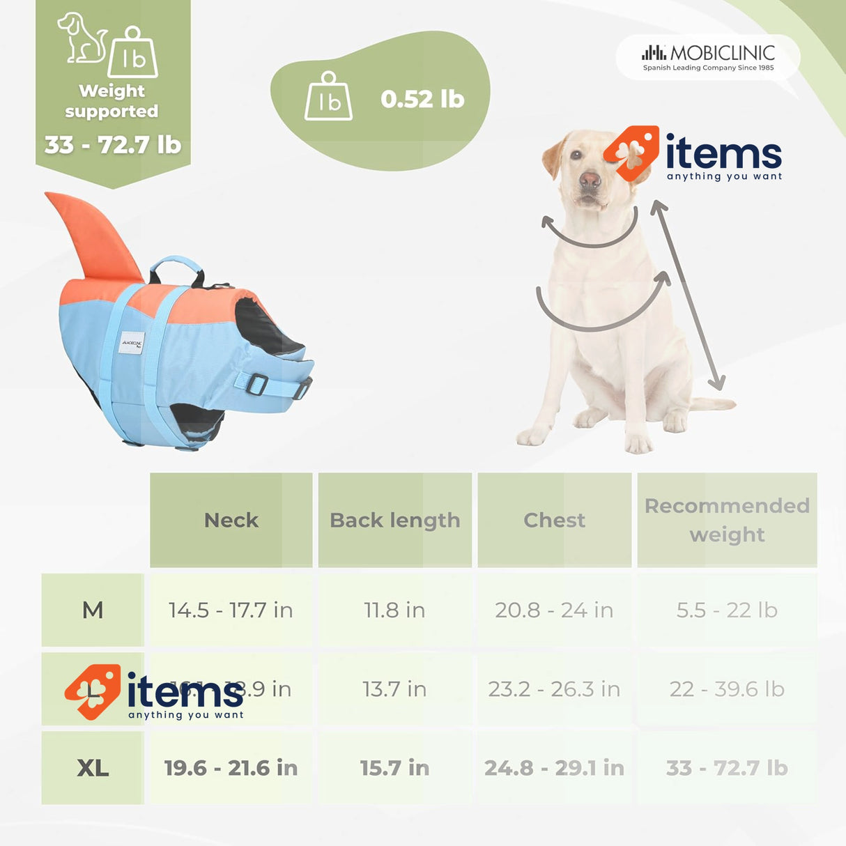 Mobiclinic, Dog Life Vest, Shark Fin Design, Adjustable Harness, Leash Ring XL