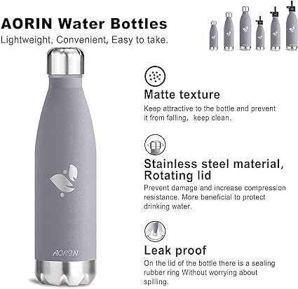 AORIN Vacuum Insulated Stainless Steel Water Bottle BPA Free 500ml Grey