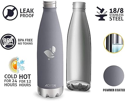 AORIN Vacuum Insulated Stainless Steel Water Bottle BPA Free 500ml Grey