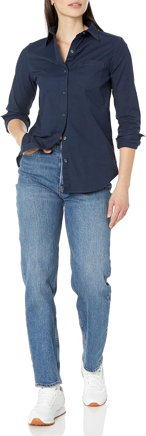 Amazon Essentials Women's Long-Sleeve Button Down Stretch Oxford Shirt Navy L