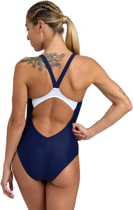 Arena Women's Threefold V Back One Piece Swimsuit Navy-neon Blue-white 34