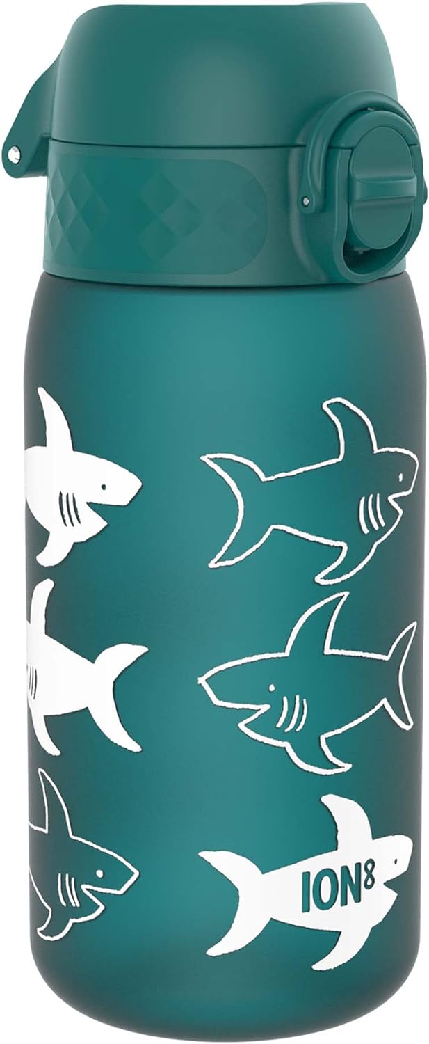 Ion8 Kids Water Bottle 350 ml/12 oz Leak Proof Easy to Open Sharks Design