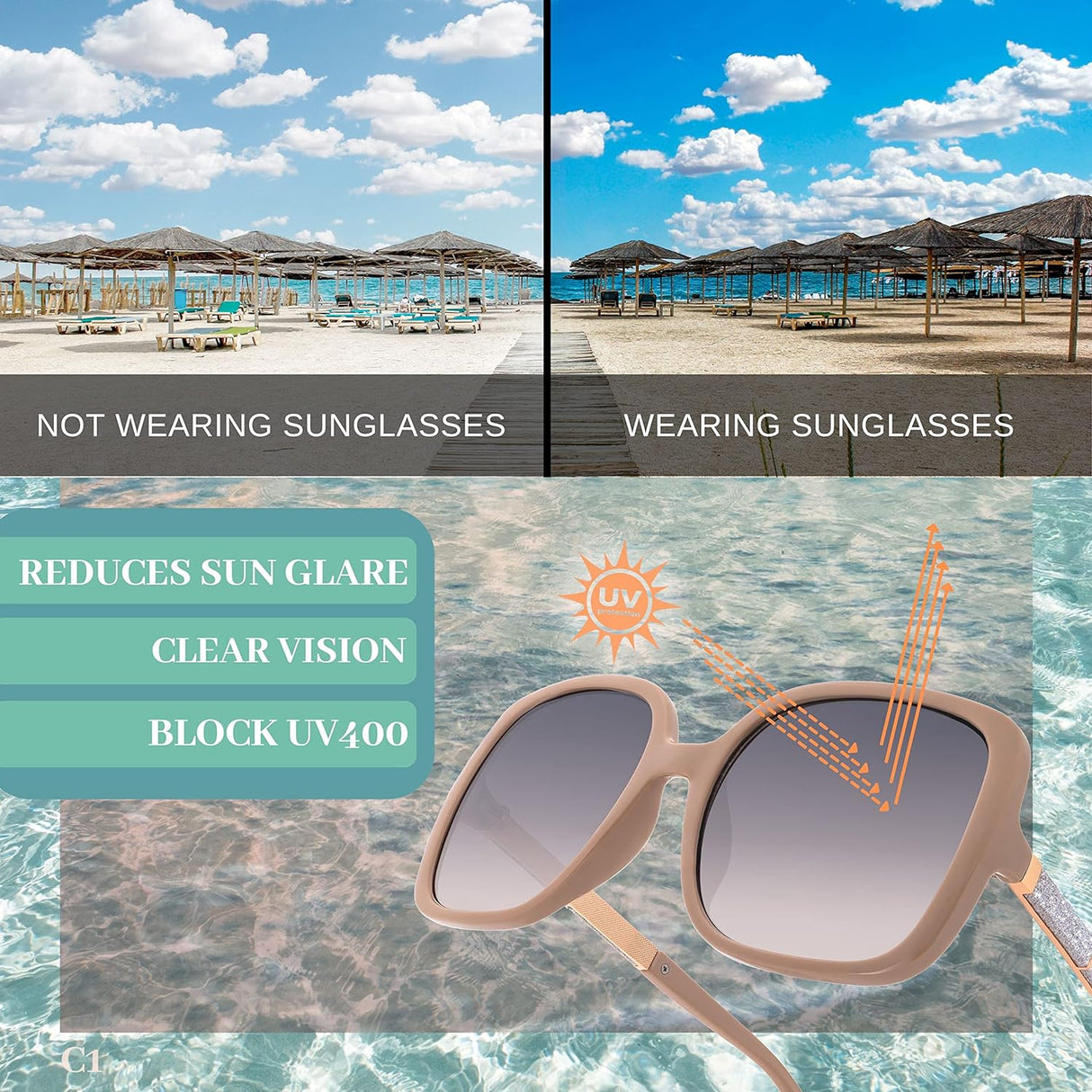 SQUAD Sunglasses For Women Square Size Big Fashion Silver Glitter uv400