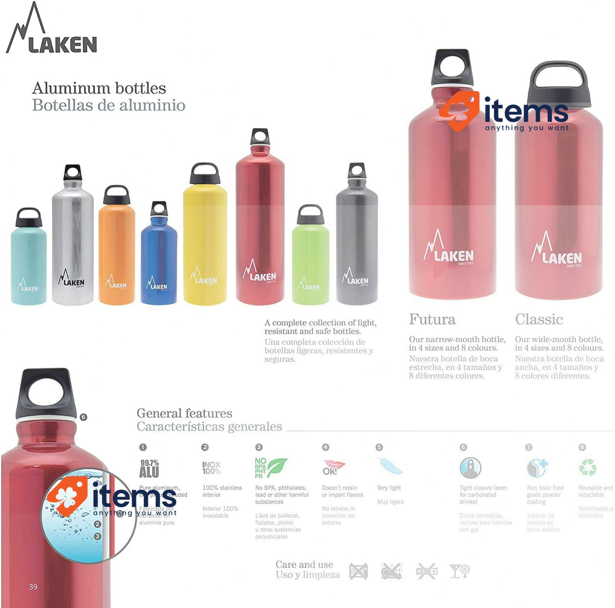 Laken Futura Water Bottle with Narrow Mouth, Lightweight Aluminum BPA, 1 L Red