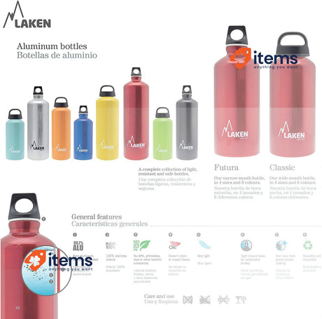 Laken Futura Water Bottle with Narrow Mouth, Lightweight Aluminum BPA, 1 L Red